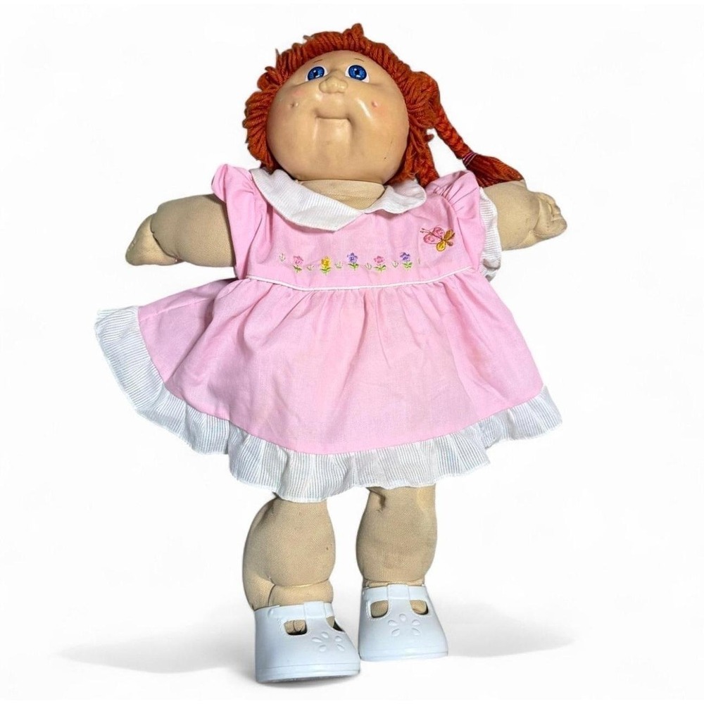 Vintage Cabbage Patch Kids Red Yarn Hair Doll Pink Dress Blue Shoes 1982 - Picture 1 of 7